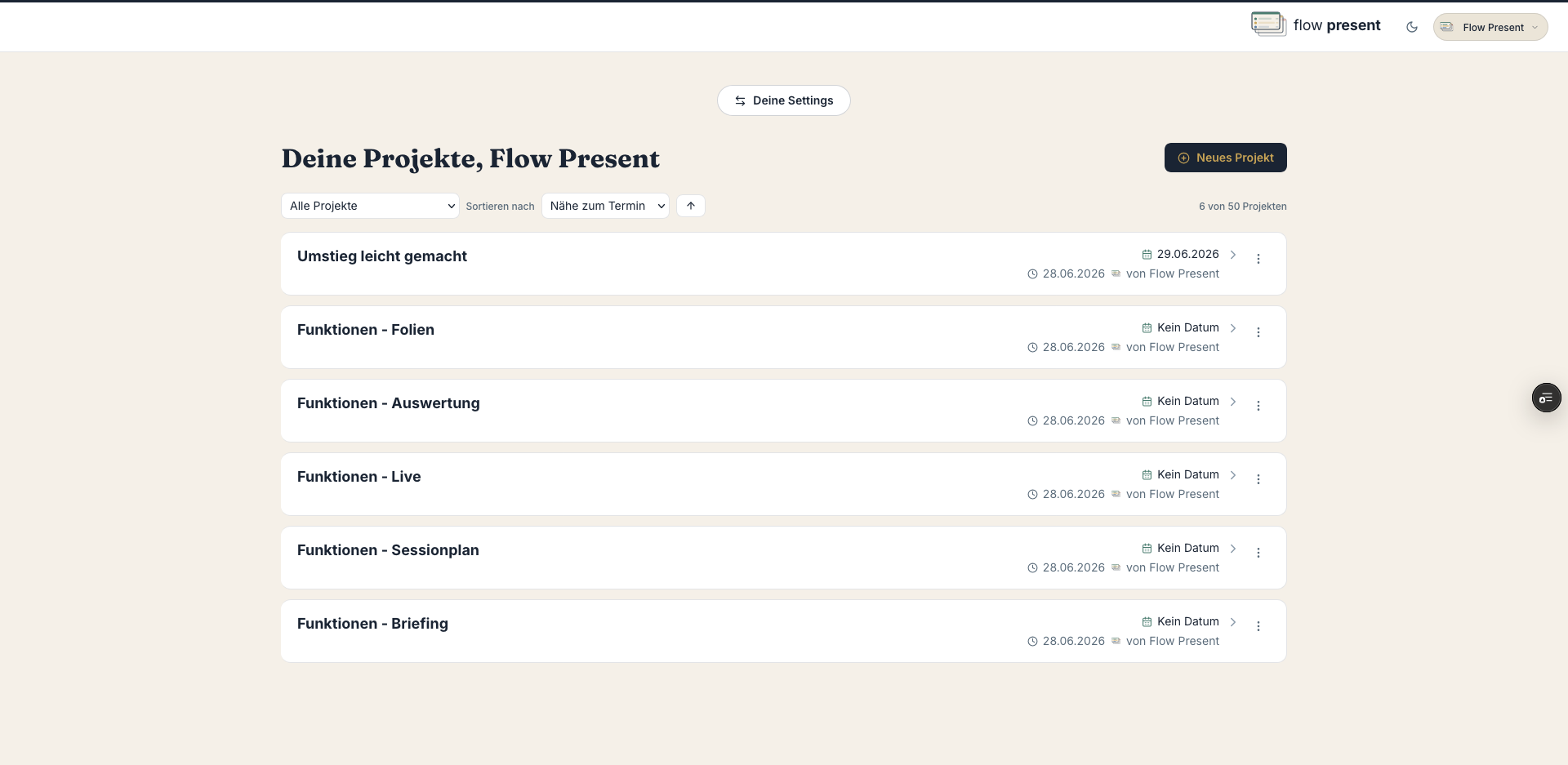 Dashboard mit allen Projekten