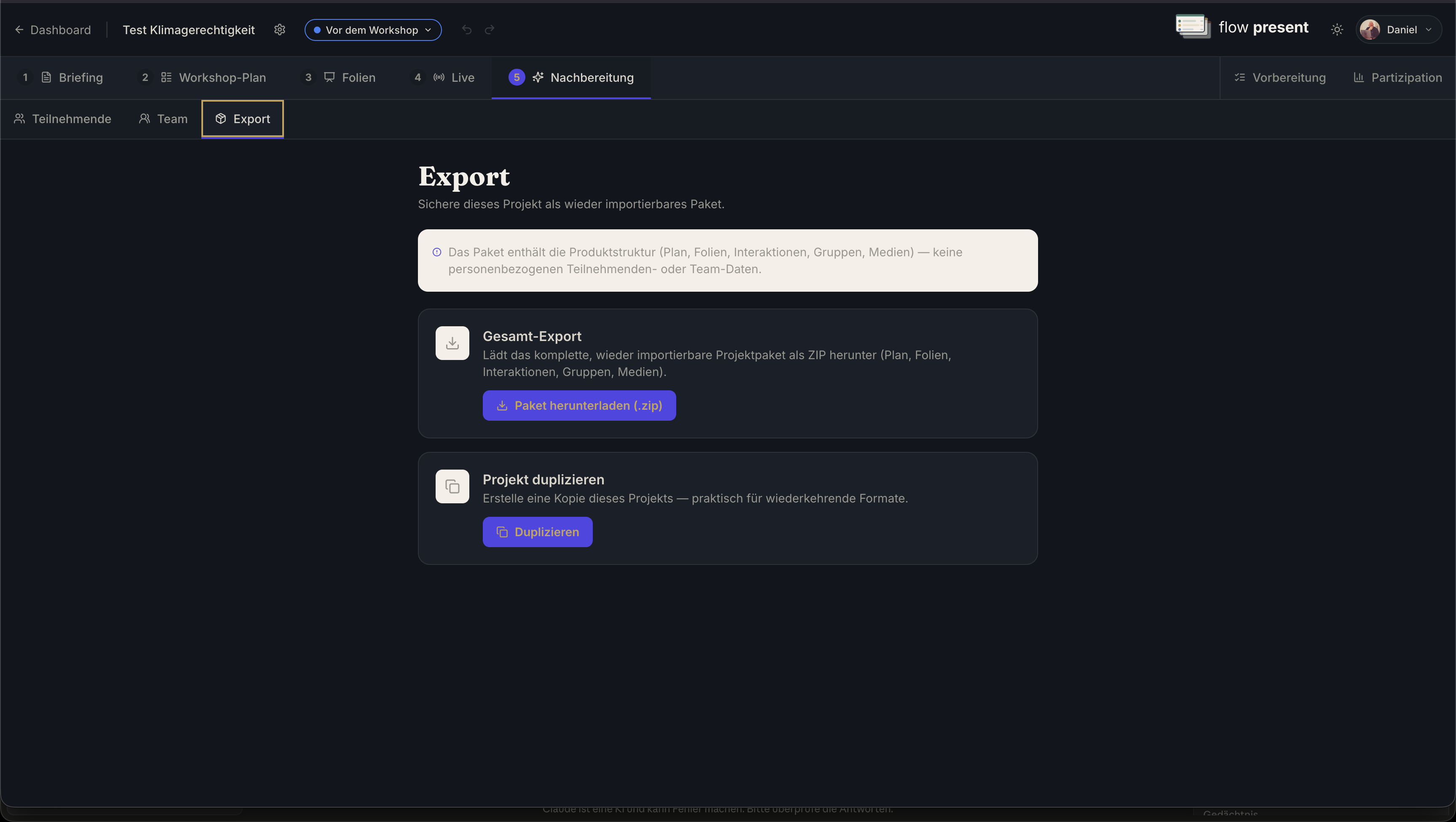 Der Export-Tab in der Nachbereitung mit Gesamt-Export und Projekt duplizieren