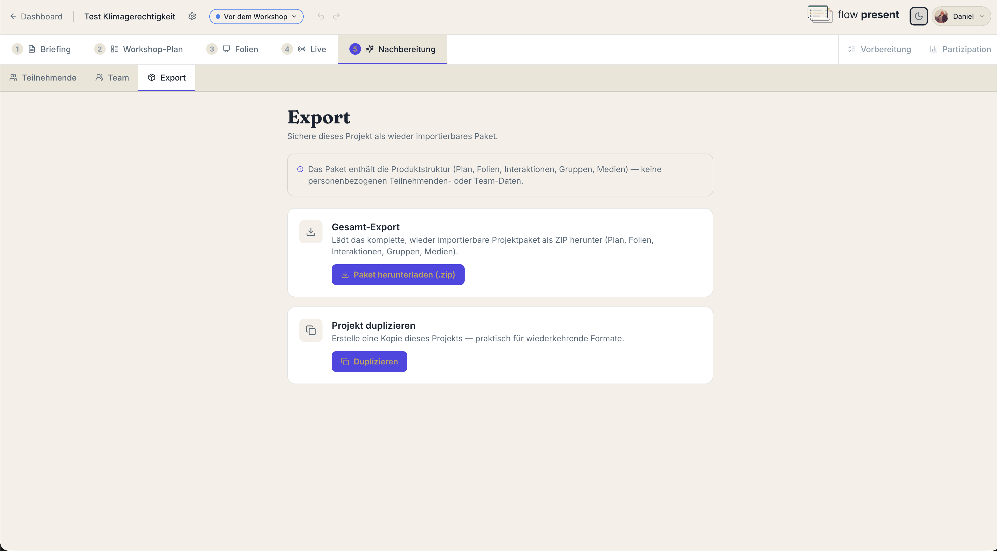 Der Export-Tab in der Nachbereitung mit Gesamt-Export und Projekt duplizieren